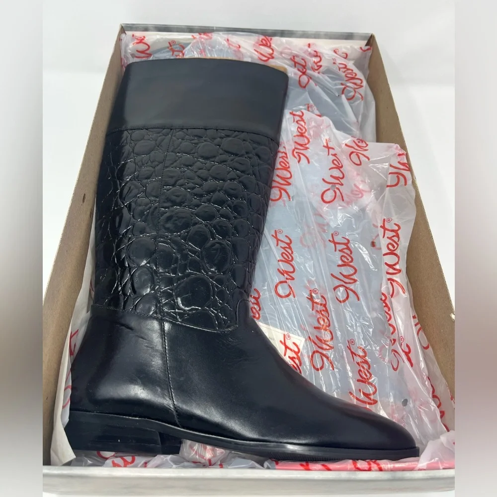 9 West Nine West Margot Black Tropic 7.5 Leather Riding Boots Textured VTG NEW
